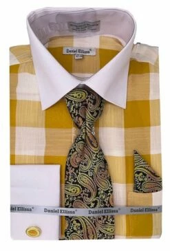 Daniel Ellissa Men's French Cuff Shirt Set - Bold Color -Empire Shop ds3824p2 mustard