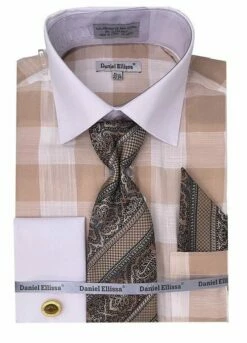 Daniel Ellissa Men's French Cuff Shirt Set - Bold Color -Empire Shop ds3824p2 tan