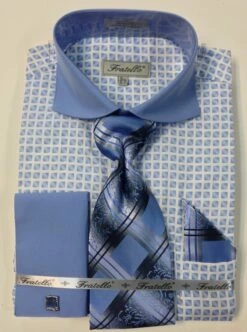 Fratello Men's French Cuff Dress Shirt Set - Artistic Small Checker -Empire Shop frv4128p2 blue