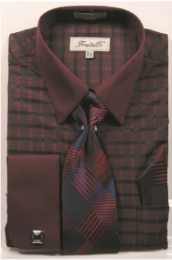 Fratello Men's French Cuff Dress Shirt Set - Two Tone Windowpane -Empire Shop frv4154p2wine