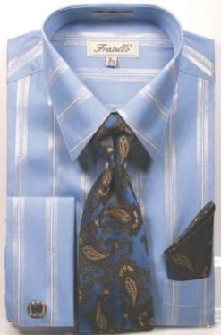 Fratello Men's French Cuff Dress Shirt Set - Double Stripe -Empire Shop frv4155p2blue 1