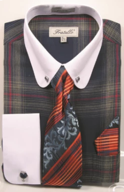 Fratello Men's 100% Cotton French Cuff Dress Shirt Set - White Accents 7 Fratello Men's 100% Cotton French Cuff Dress Shirt Set - White Accents -Empire Shop frv4156p2navy