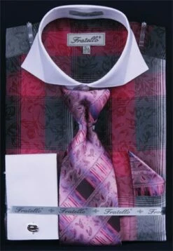 Fratello Men's French Cuff Dress Shirt Set - Contemporary Cotton -Empire Shop fuchsia1 1