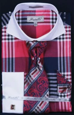 Fratello Men's French Cuff Dress Shirt Set - Colorful Multi Checker 18 Fratello Men's French Cuff Dress Shirt Set - Colorful Multi Checker -Empire Shop fuchsia 4