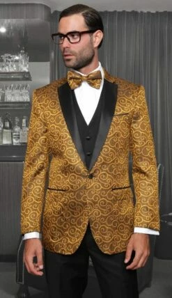 Statement Men's 3 Piece Modern Fit Suit - Studded Swirl Design -Empire Shop gold 2 3