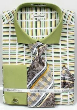 Daniel Ellissa Men's French Cuff Dress Shirt Set - Multicolor Stripe -Empire Shop green 3783