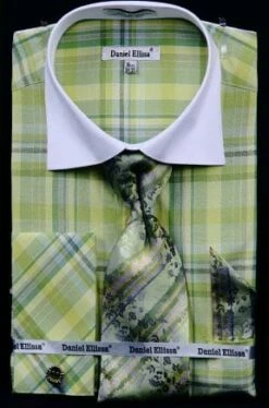 Daniel Ellissa Men's French Cuff Dress Shirt Set - Windowpane Plaid -Empire Shop green 6 1