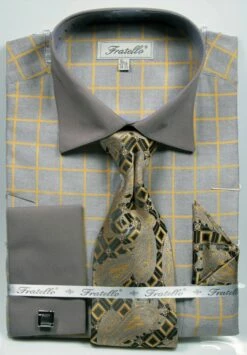 Fratello Men's French Cuff Dress Shirt Set - Check Pattern -Empire Shop grey gold 4132