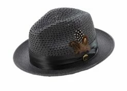 Montique Men's Fashion Straw Fedora Hat - Bold Feather -Empire Shop h34 grey 045