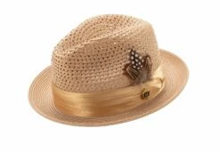 Montique Men's Fashion Straw Fedora Hat - Bold Feather -Empire Shop h34 tan 037