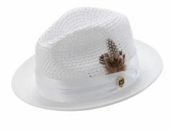 Montique Men's Fashion Straw Fedora Hat - Bold Feather -Empire Shop h34 white 050