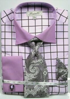 Fratello Men's French Cuff Dress Shirt Set - Check Pattern -Empire Shop lavender 4132