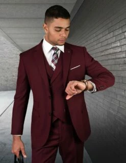 Statement Men's 3 Piece 100% Wool Suit - Solid Color 13 Statement Men's 3 Piece 100% Wool Suit - Solid Color -Empire Shop lazio burgundy