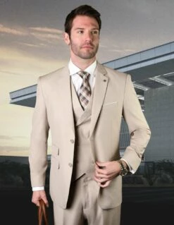Statement Men's 3 Piece 100% Wool Suit - Solid Color 19 Statement Men's 3 Piece 100% Wool Suit - Solid Color -Empire Shop lazio tan
