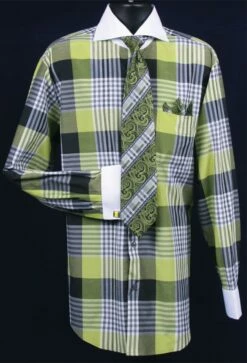 Fratello Men's French Cuff Dress Shirt Set - Colorful Multi Checker 23 Fratello Men's French Cuff Dress Shirt Set - Colorful Multi Checker -Empire Shop lime full 1