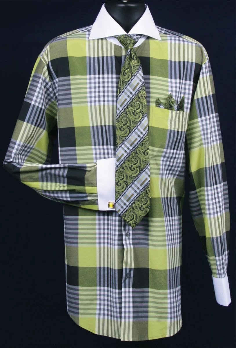 Fratello Men's French Cuff Dress Shirt Set - Colorful Multi Checker 3 Fratello Men's French Cuff Dress Shirt Set - Colorful Multi Checker