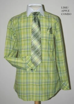 Daniel Ellissa Men's French Cuff Dress Shirt Set - Windowpane Plaid -Empire Shop lime green 1