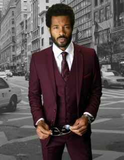Statement Men's 3 Piece Slim Fit Wool Blend Suit - Stylish Solid Colors -Empire Shop lorenzo burgundy