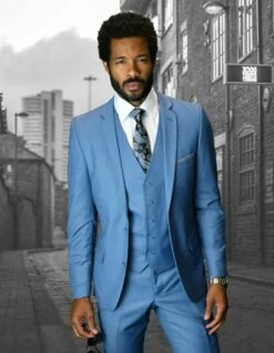 Statement Men's 3 Piece Slim Fit Wool Blend Suit - Stylish Solid Colors -Empire Shop lorenzo steel blu
