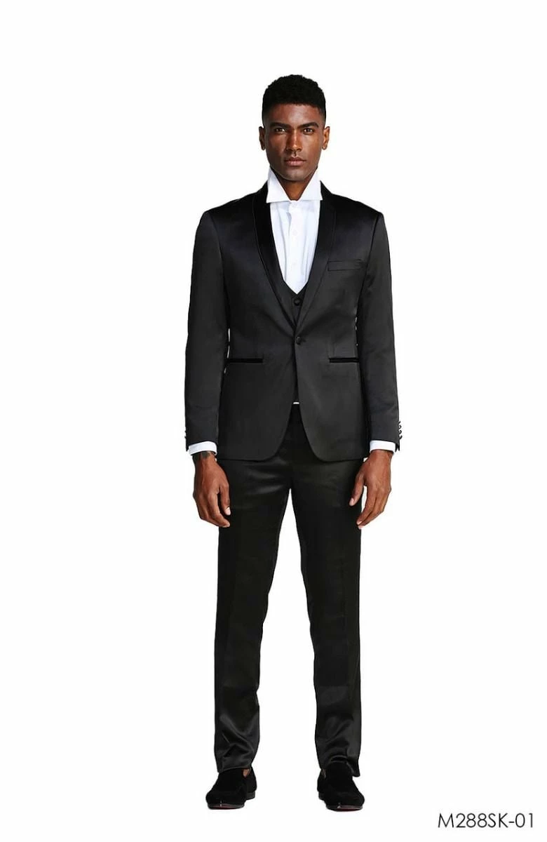 Tazio Men's 3 Piece Skinny Fit Suit - Slight Shine 3 Tazio Men's 3 Piece Skinny Fit Suit - Slight Shine