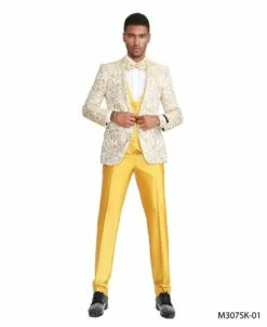 Tazio Men's 4 Piece Skinny Fit Suit - Bright Jacquard