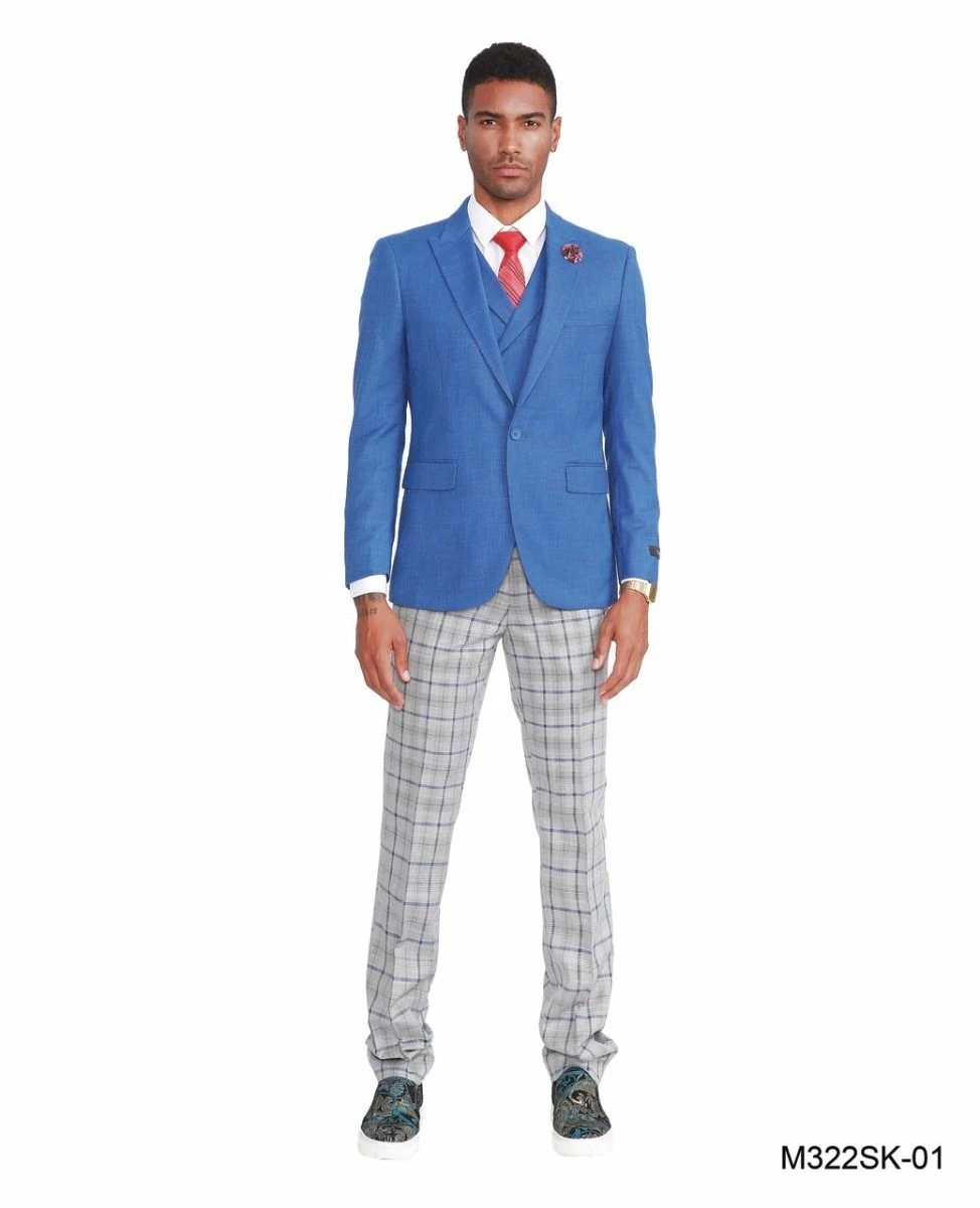 Tazio Men's 3 Piece Skinny Fit Suit - Plaid Pants 3 Tazio Men's 3 Piece Skinny Fit Suit - Plaid Pants