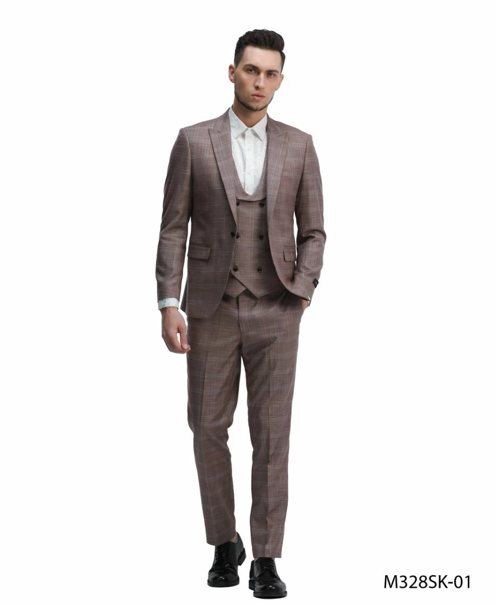 Tazio Men's 3 Piece Skinny Fit Suit - Sleek Windowpane 3 Tazio Men's 3 Piece Skinny Fit Suit - Sleek Windowpane