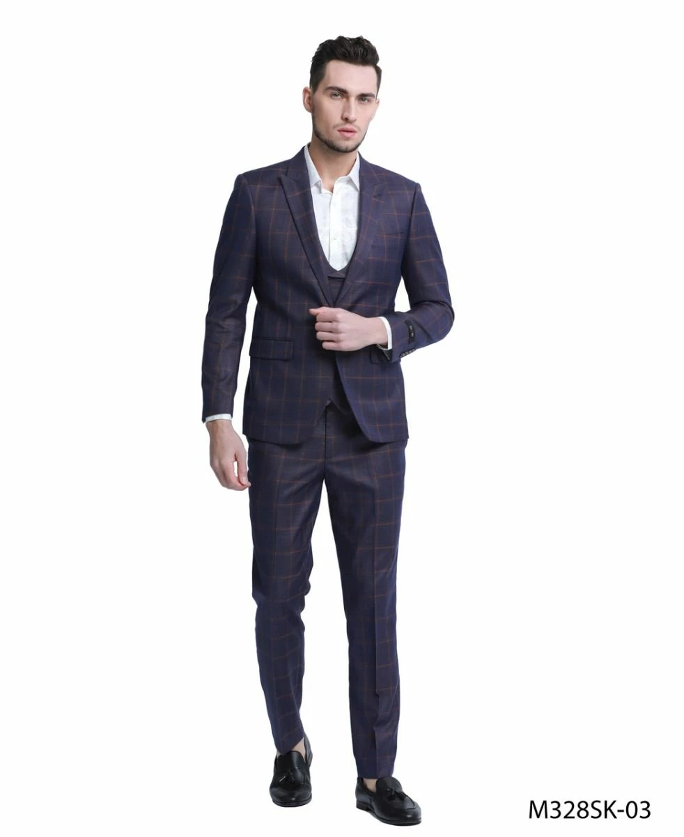Tazio Men's 3 Piece Skinny Fit Suit - Sleek Windowpane 5 Tazio Men's 3 Piece Skinny Fit Suit - Sleek Windowpane - Image 3