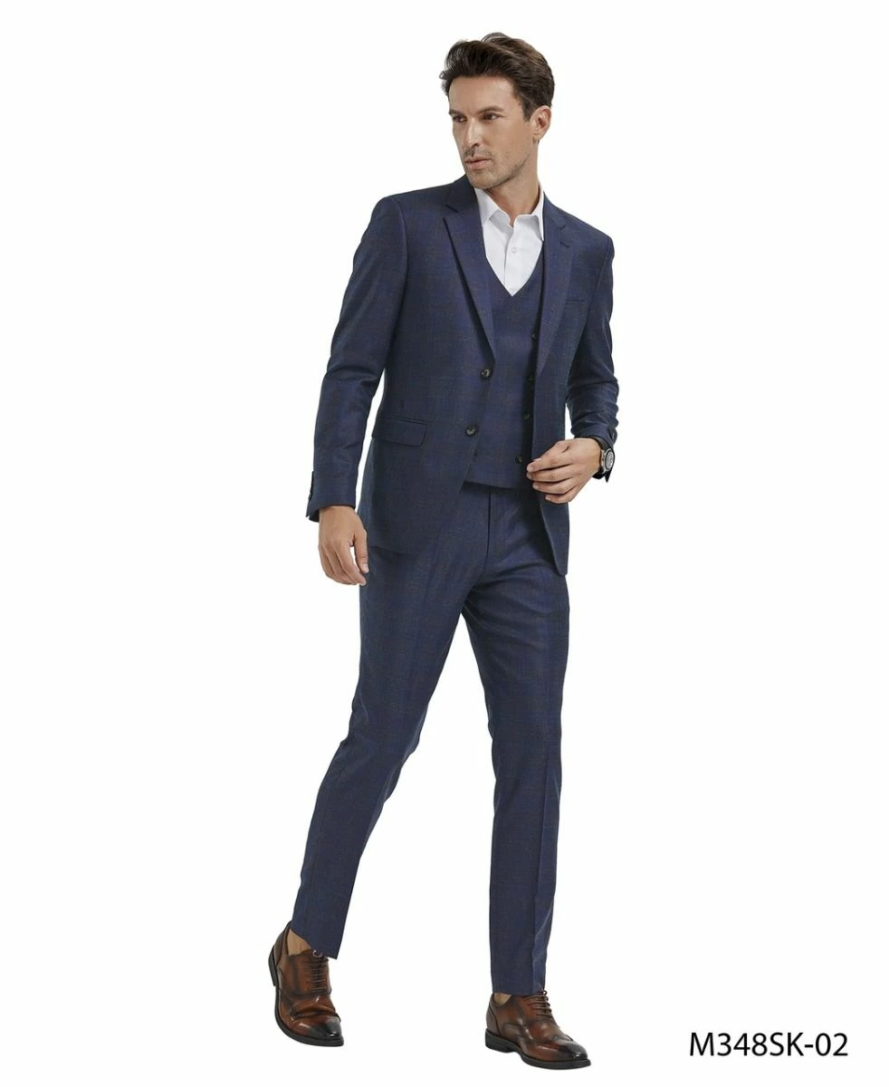 Tazio Men's 3 Piece Skinny Fit Suit - Light Windowpane 3 Tazio Men's 3 Piece Skinny Fit Suit - Light Windowpane