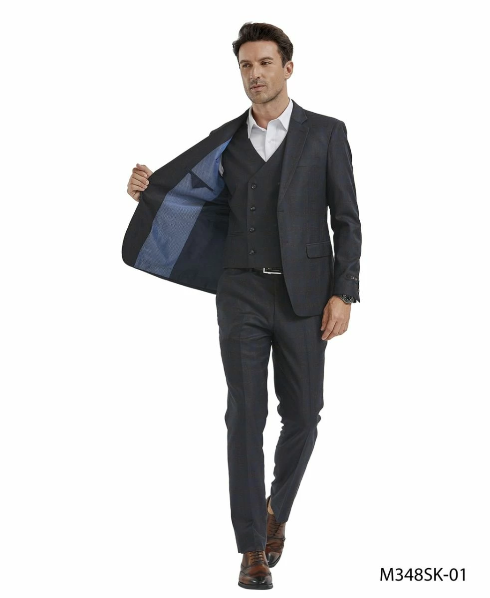 Tazio Men's 3 Piece Skinny Fit Suit - Light Windowpane 4 Tazio Men's 3 Piece Skinny Fit Suit - Light Windowpane - Image 2