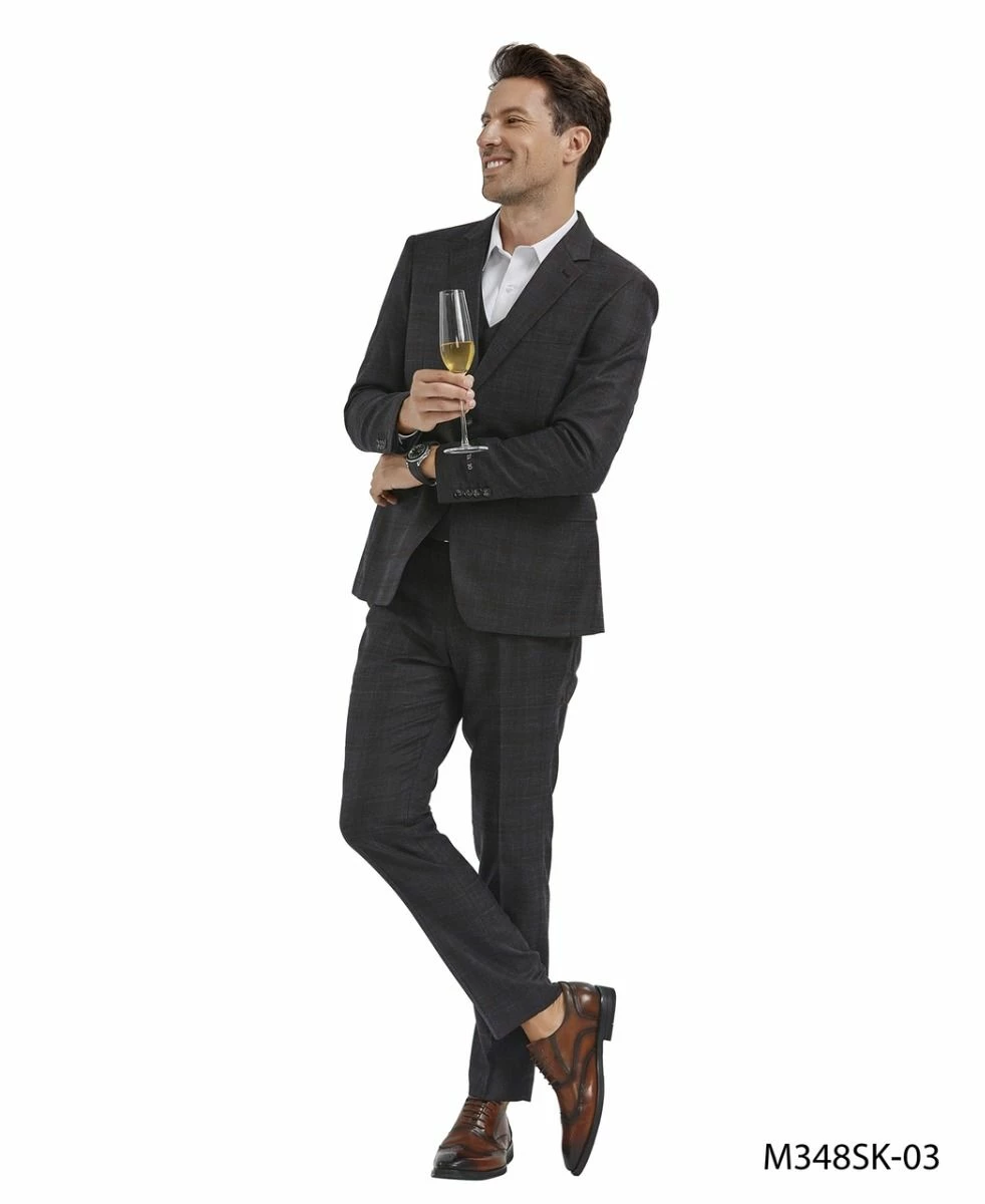 Tazio Men's 3 Piece Skinny Fit Suit - Light Windowpane 5 Tazio Men's 3 Piece Skinny Fit Suit - Light Windowpane - Image 3