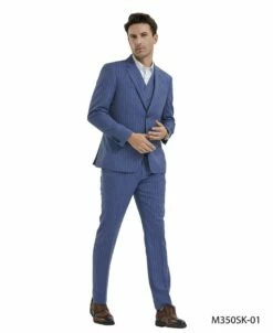 Tazio Men's 3 Piece Skinny Fit Suit - Banker Pinstripe