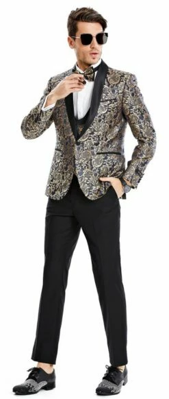 Tazio Men's 3 Piece Skinny Fit Suit - Gold Paisley