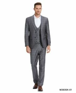 Tazio Men's 3 Piece Skinny Fit Suit - Tone On Tone Windowpane