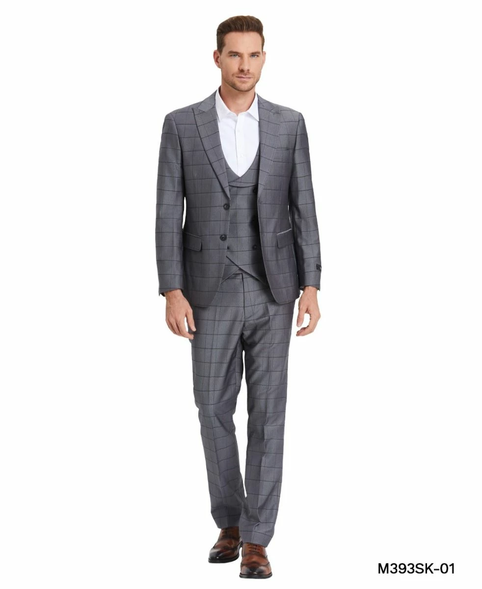 Tazio Men's 3 Piece Skinny Fit Suit - Tone On Tone Windowpane 3 Tazio Men's 3 Piece Skinny Fit Suit - Tone On Tone Windowpane