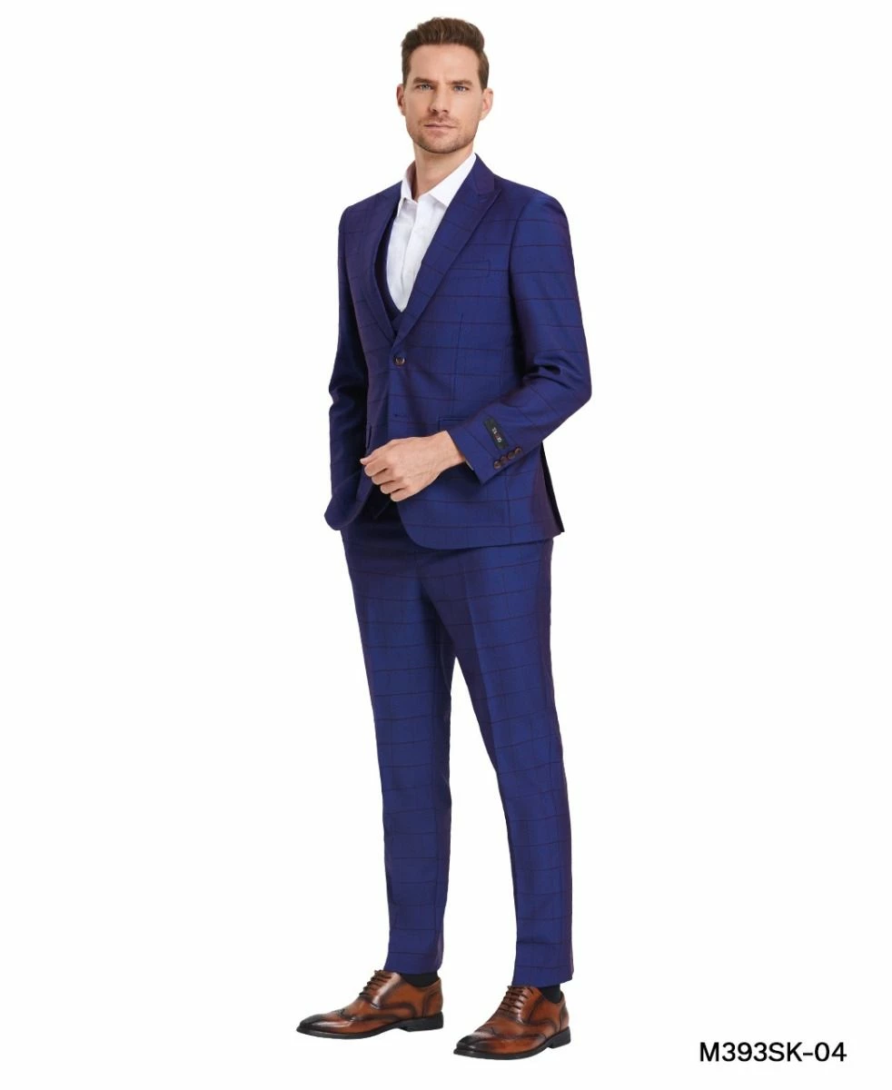 Tazio Men's 3 Piece Skinny Fit Suit - Tone On Tone Windowpane 6 Tazio Men's 3 Piece Skinny Fit Suit - Tone On Tone Windowpane - Image 4
