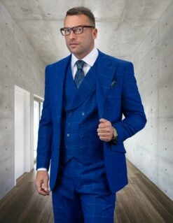 Statement Men's 100% Wool 3 Piece Suit - Tone On Tone Windowpane -Empire Shop masca sapphire
