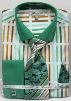 Fratello Men's French Cuff Dress Shirt Set - Multicolor Stripe -Empire Shop mint 4133