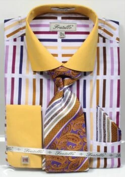 Fratello Men's French Cuff Dress Shirt Set - Multicolor Stripe -Empire Shop mustard 4133