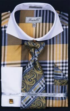 Fratello Men's French Cuff Dress Shirt Set - Colorful Multi Checker 27 Fratello Men's French Cuff Dress Shirt Set - Colorful Multi Checker -Empire Shop mustard 3 1