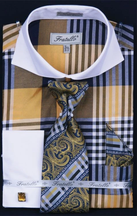 Fratello Men's French Cuff Dress Shirt Set - Colorful Multi Checker 7 Fratello Men's French Cuff Dress Shirt Set - Colorful Multi Checker - Image 5