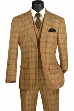 Vinci Men's 3 Piece Modern Fit Suit - Bold Windowpane -Empire Shop mv2w 2 camel