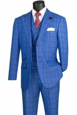 Vinci Men's 3 Piece Modern Fit Suit - Bold Windowpane -Empire Shop mv2w 2 royal