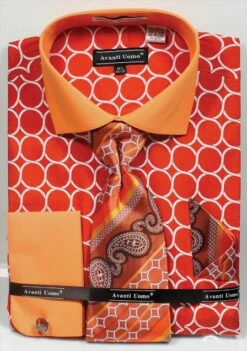 Avanti Uomo Men's French Cuff Dress Shirt Set - Printed Pattern -Empire Shop orange 68