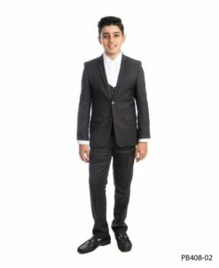 Perry Ellis Boy's 4 Piece Suit With White Shirt - U Shaped Vest 8 Perry Ellis Boy's 4 Piece Suit With White Shirt - U Shaped Vest -Empire Shop pb408grey