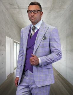 Statement Men's 100% Wool 3 Piece Suit - Stylish Windowpane -Empire Shop phily lavender