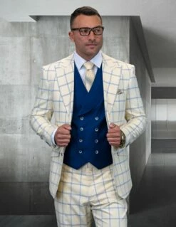 Statement Men's 100% Wool 3 Piece Suit - Stylish Windowpane -Empire Shop phily offwhite