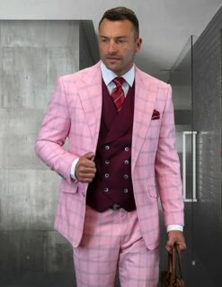 Statement Men's 100% Wool 3 Piece Suit - Stylish Windowpane -Empire Shop phily pink