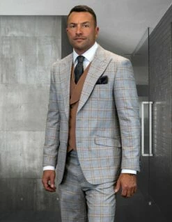 Statement Men's 100% Wool 3 Piece Suit - Stylish Windowpane -Empire Shop phily tan