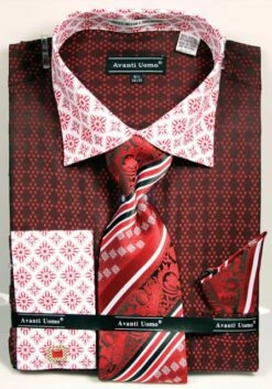 Avanti Uomo Men's French Cuff Dress Shirt Set - Varied Patterns -Empire Shop red 5 3